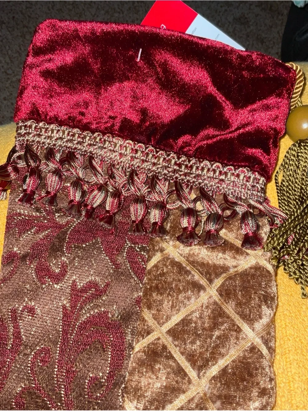 Christmas Stocking Patchwork Jacquard Velvet Cuff Tassel Burgundy Gold 20